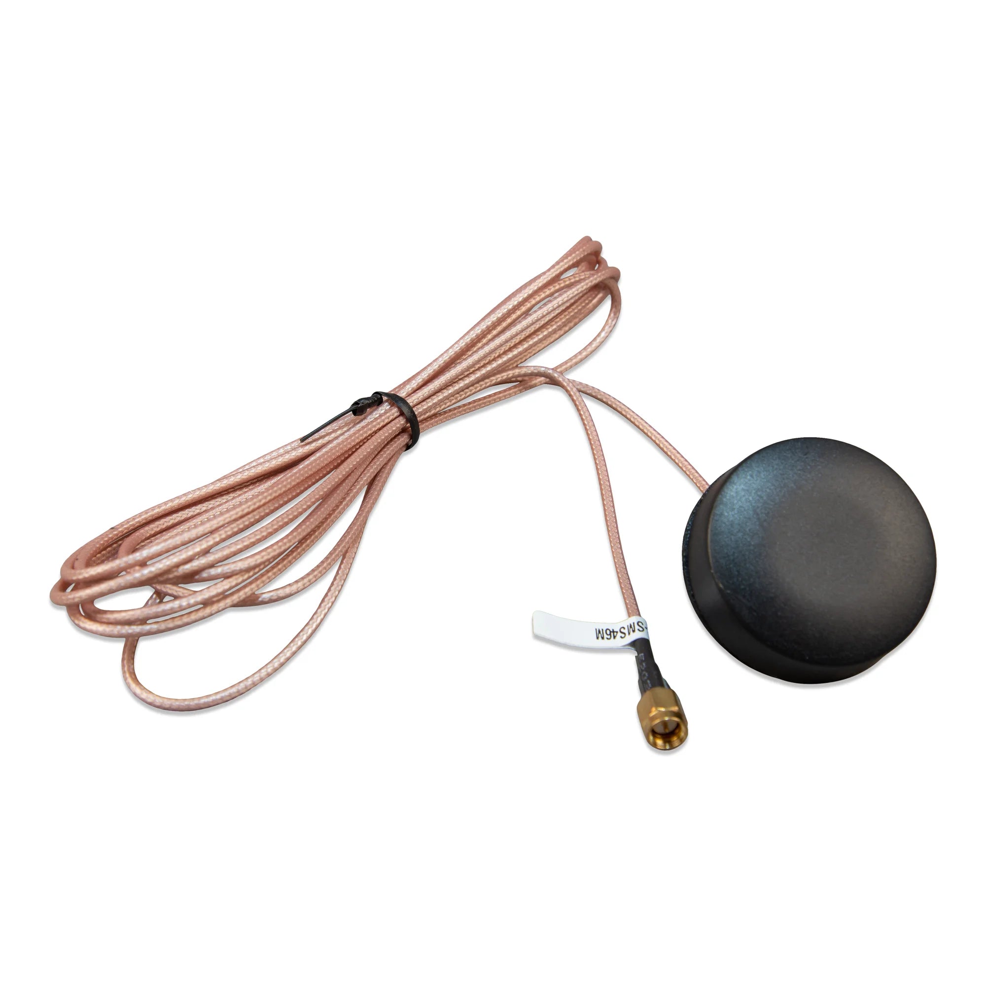 Victron Outdoor LTE-M puck antenna with 3-metre copper cable and gold connector against white background.