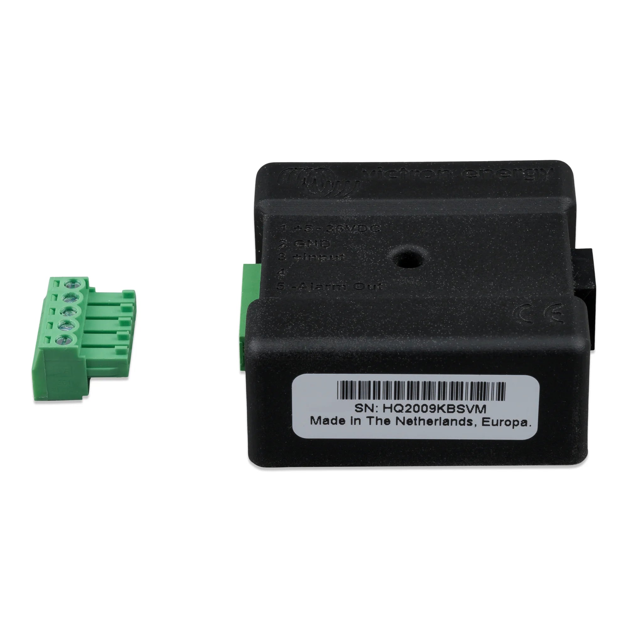 Victron CAN-bus temperature sensor showing black plastic housing with green terminal connector and barcode label reading SN: