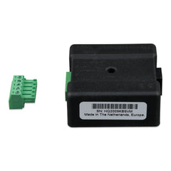 Victron CAN-bus temperature sensor showing black plastic housing with green terminal connector and barcode label reading SN: