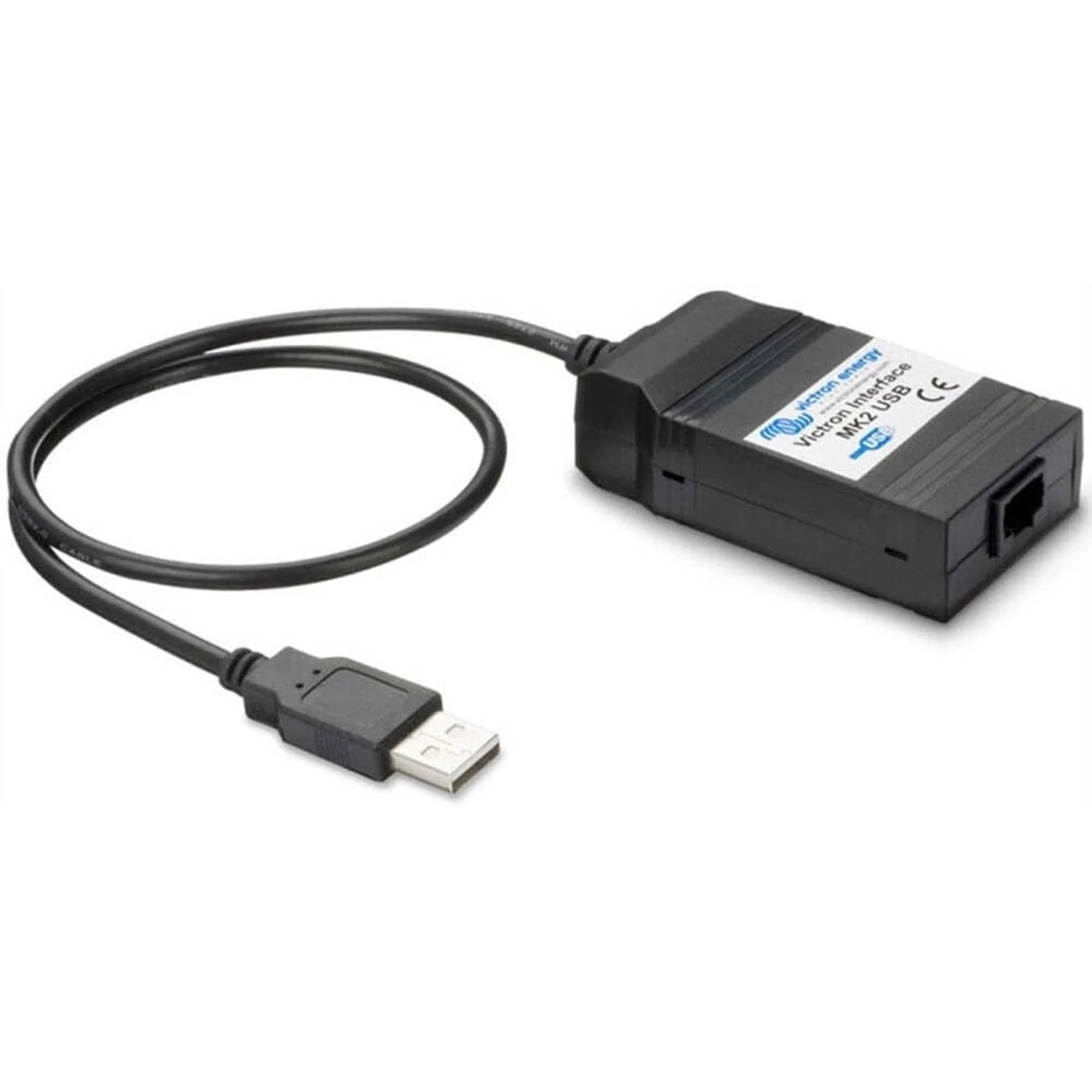 Victron MK2-USB interface with black USB cable and rectangular black adapter box with white label and network port.