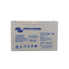 Victron Energy 12V38Ah AGM Super Cycle rechargeable battery with blue and white labelling and handling icons.