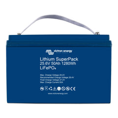 Victron Energy Lithium SuperPack 25.6V 50Ah 1280Wh LiFePO4 battery with blue casing and carry handle.