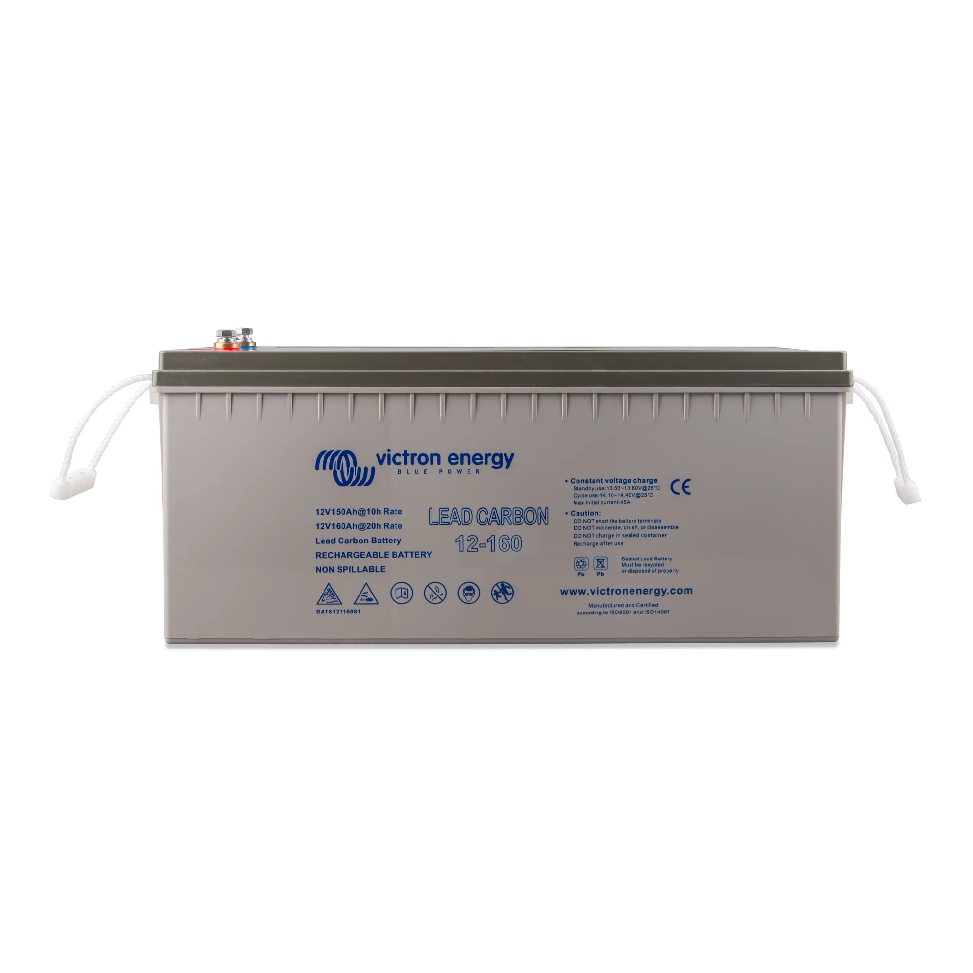 Victron Energy Lead Carbon 12-160 rechargeable battery with white handles and grey casing, front view.