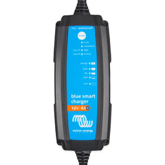 Victron Blue Smart Charger 12V 4A IP65 waterproof battery charger with blue display panel showing mode, storage, float, abs,