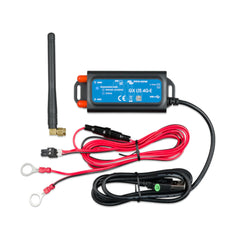 Victron GX LTE 4G-E device kit showing blue control unit with antenna, red power cable, black USB cable, and brass connector.