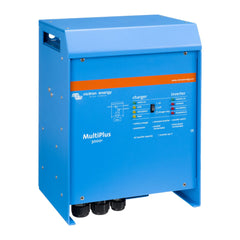 Victron MultiPlus 3000 blue inverter-charger unit with orange stripe, control panel, and three cable connectors at base.