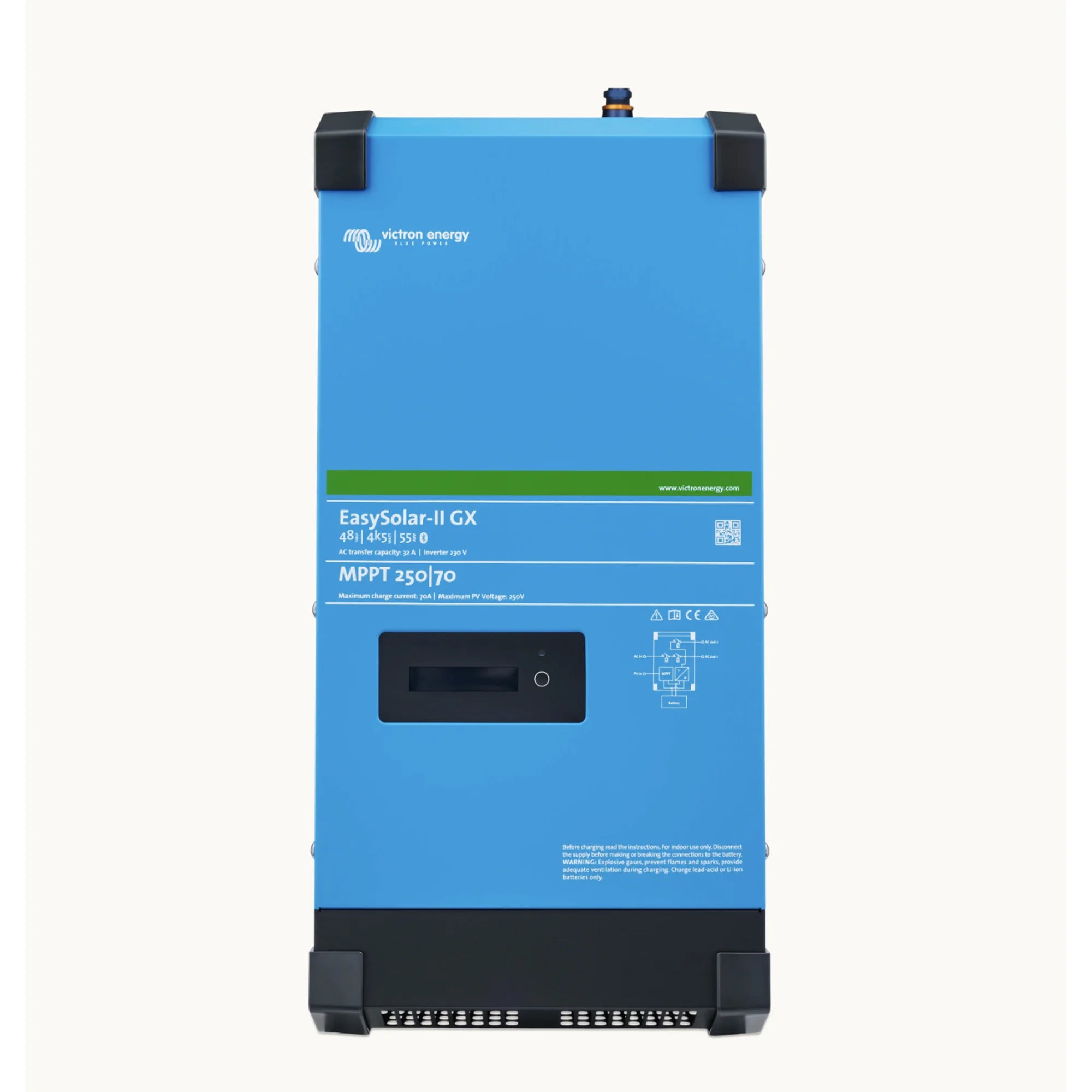Victron EasySolar-II GX blue inverter/charger unit with black control panel and handles, front-facing view.