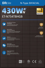 ET Solar (Elite) 430Watt Solar Panel Bifacial Half-cut 22% Efficiency Full Black ET Solar