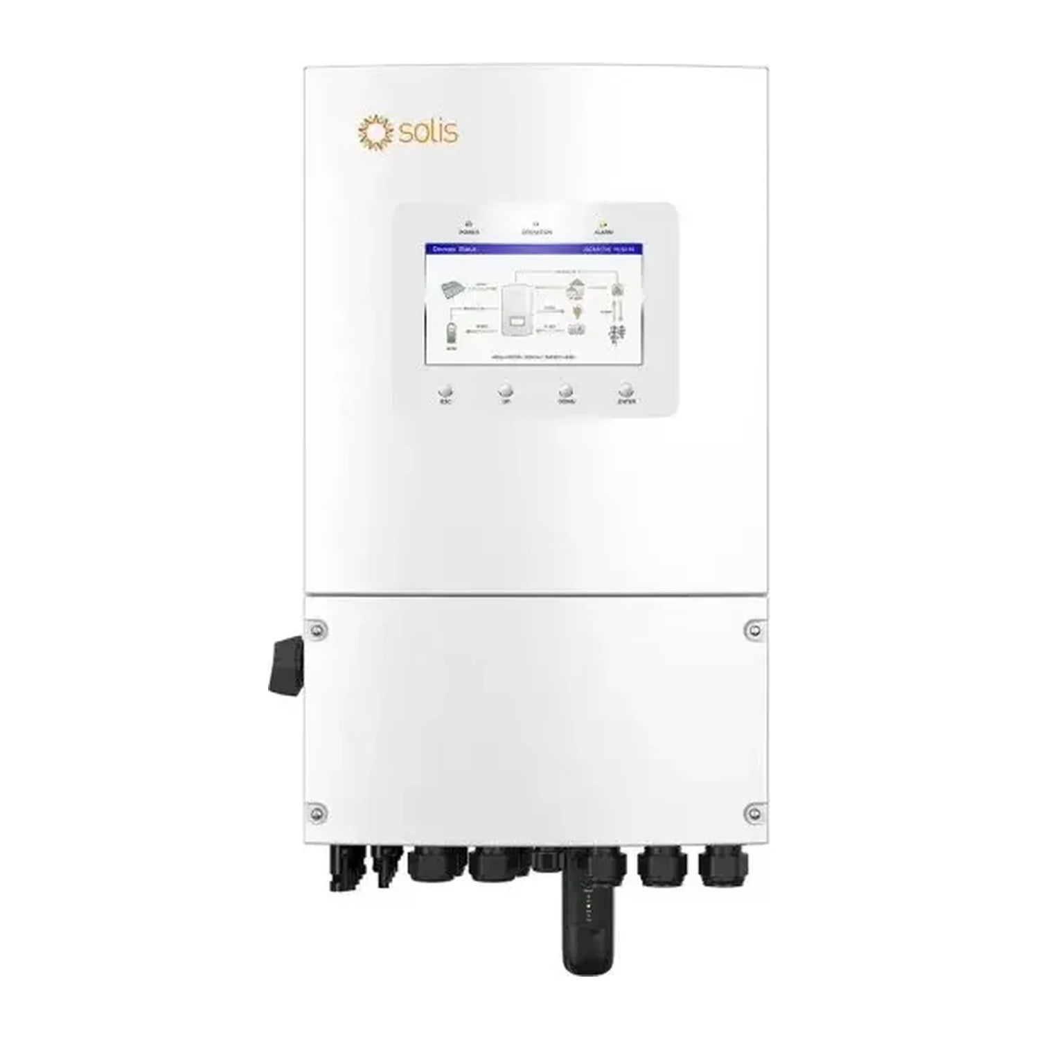 Solis S6-EH1P10K-L-PLUS 10kW single phase hybrid inverter, white wall-mounted unit with 7-inch LCD screen, view 2