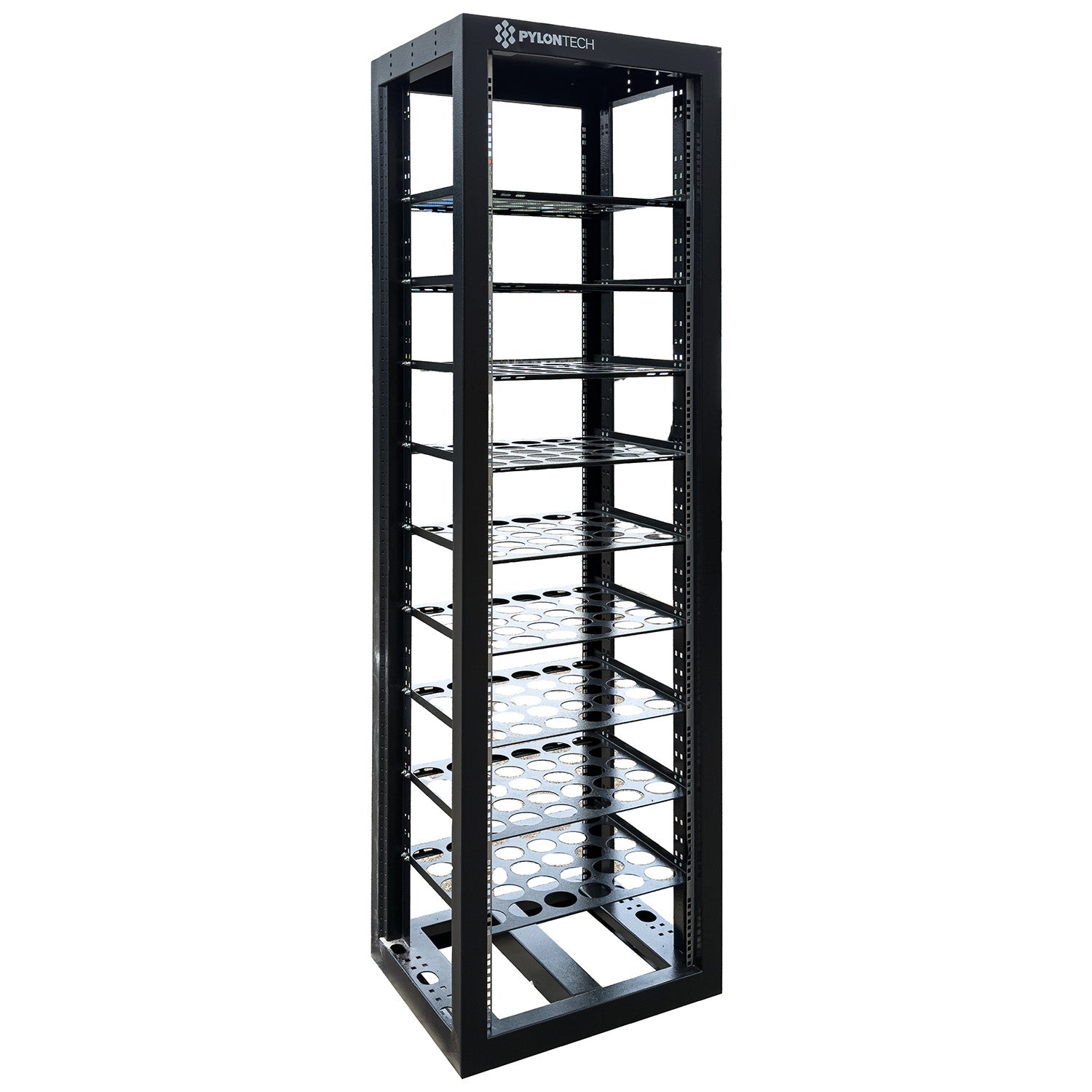 Black metal shelving unit with multiple shelves on a white background