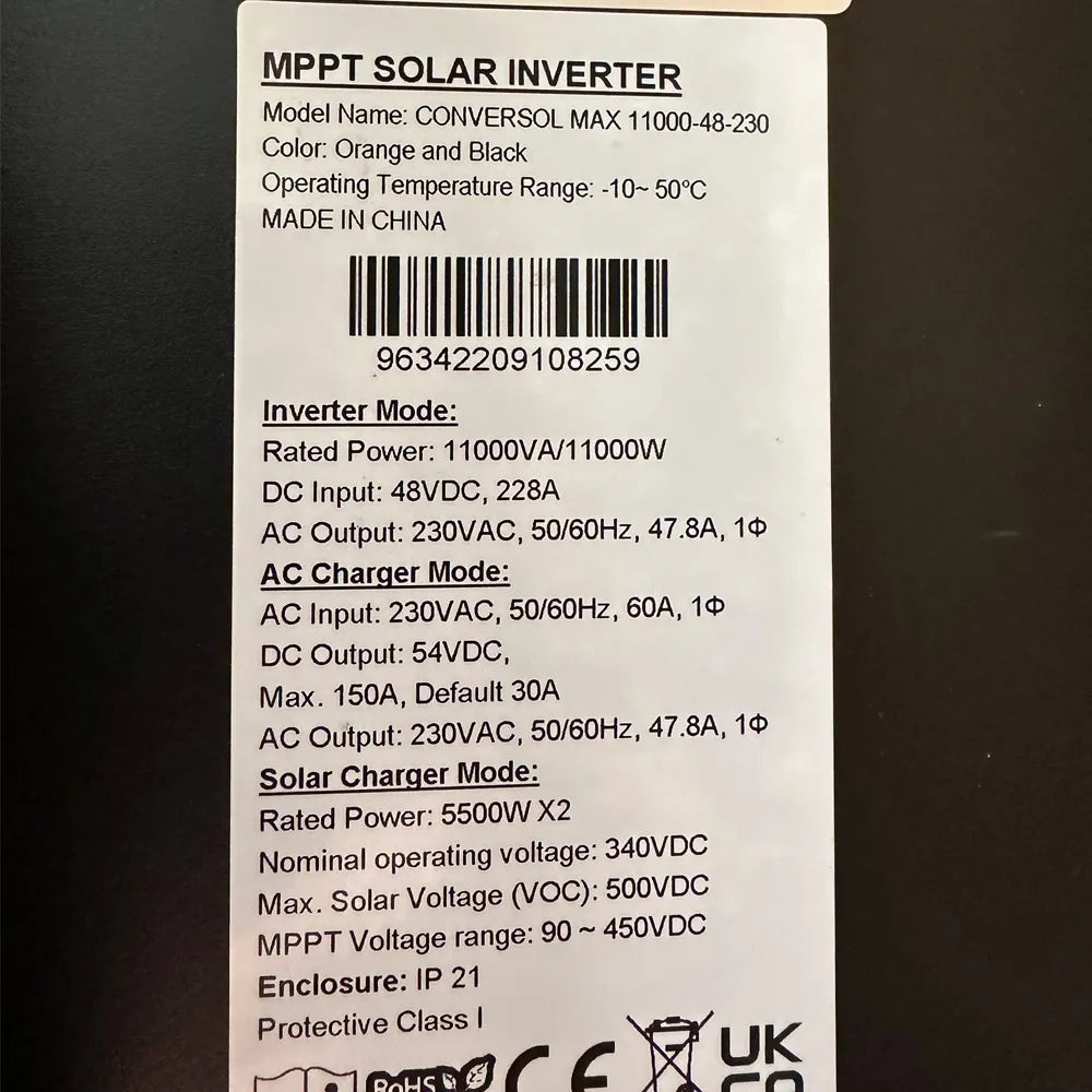 Conversol 11kW Off-grid Solar Inverter & Charger 48V 230Vac Refurbished