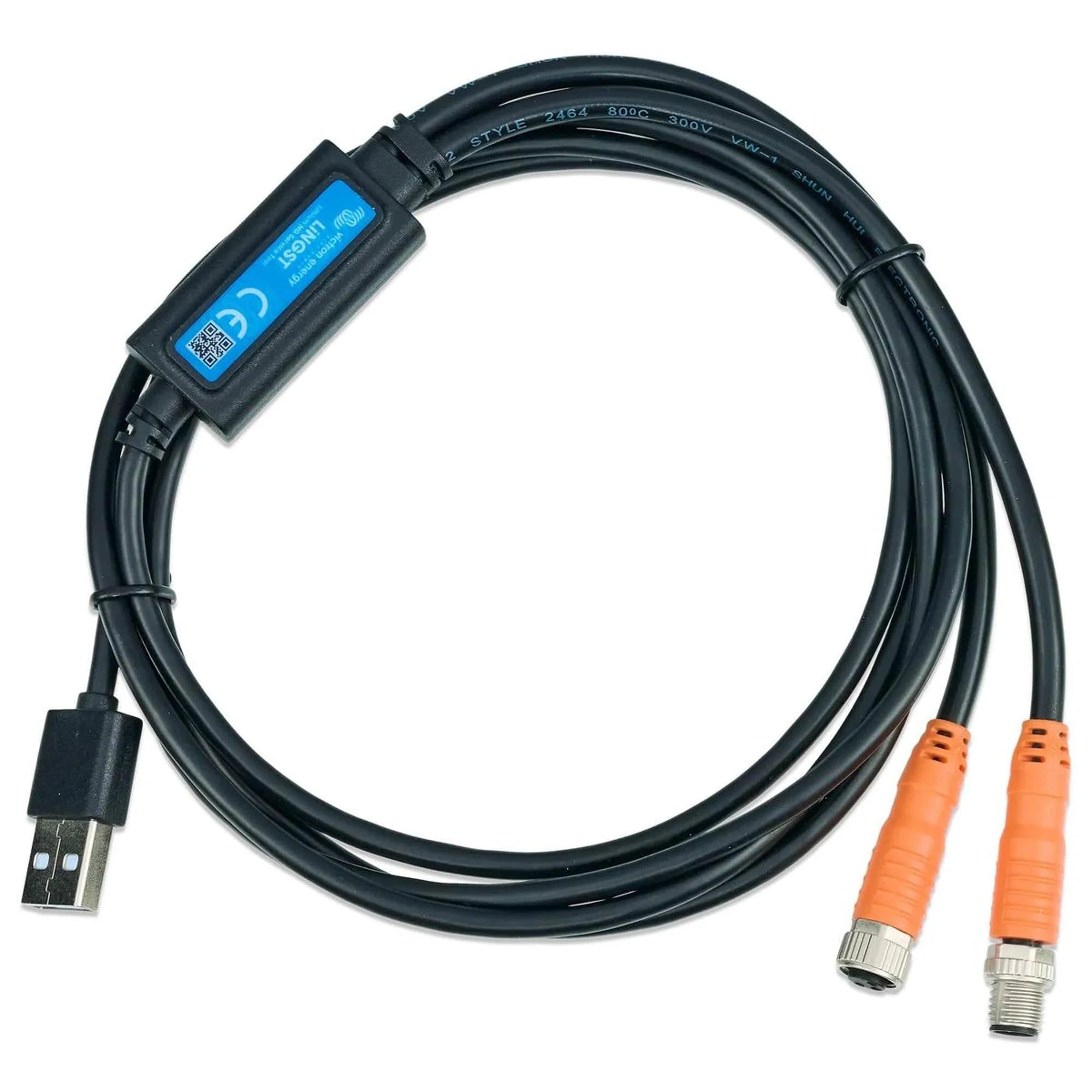 Victron Lithium NG Service Tool with USB-A connector, black cable with blue label and two orange M12 connectors at end.