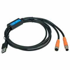 Victron Lithium NG Service Tool USB-C cable with black casing, blue connector label, USB-A plug, and two orange-tipped M12