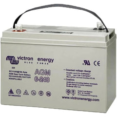 Victron Energy 6V 240Ah AGM deep cycle rechargeable battery with carry handle and terminal connections visible.