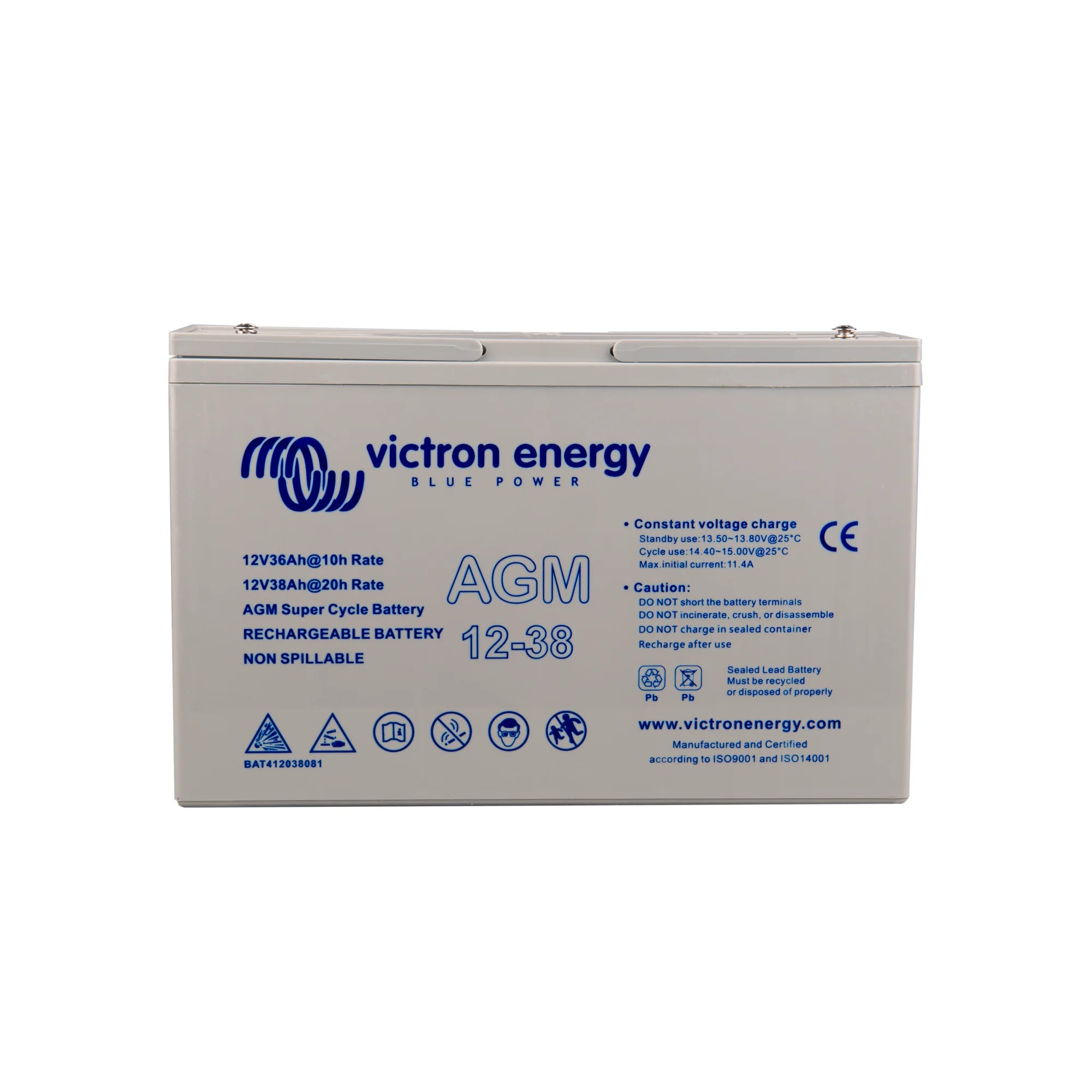 Victron Energy 12V38Ah AGM Super Cycle rechargeable battery with blue and white labelling and handling icons.