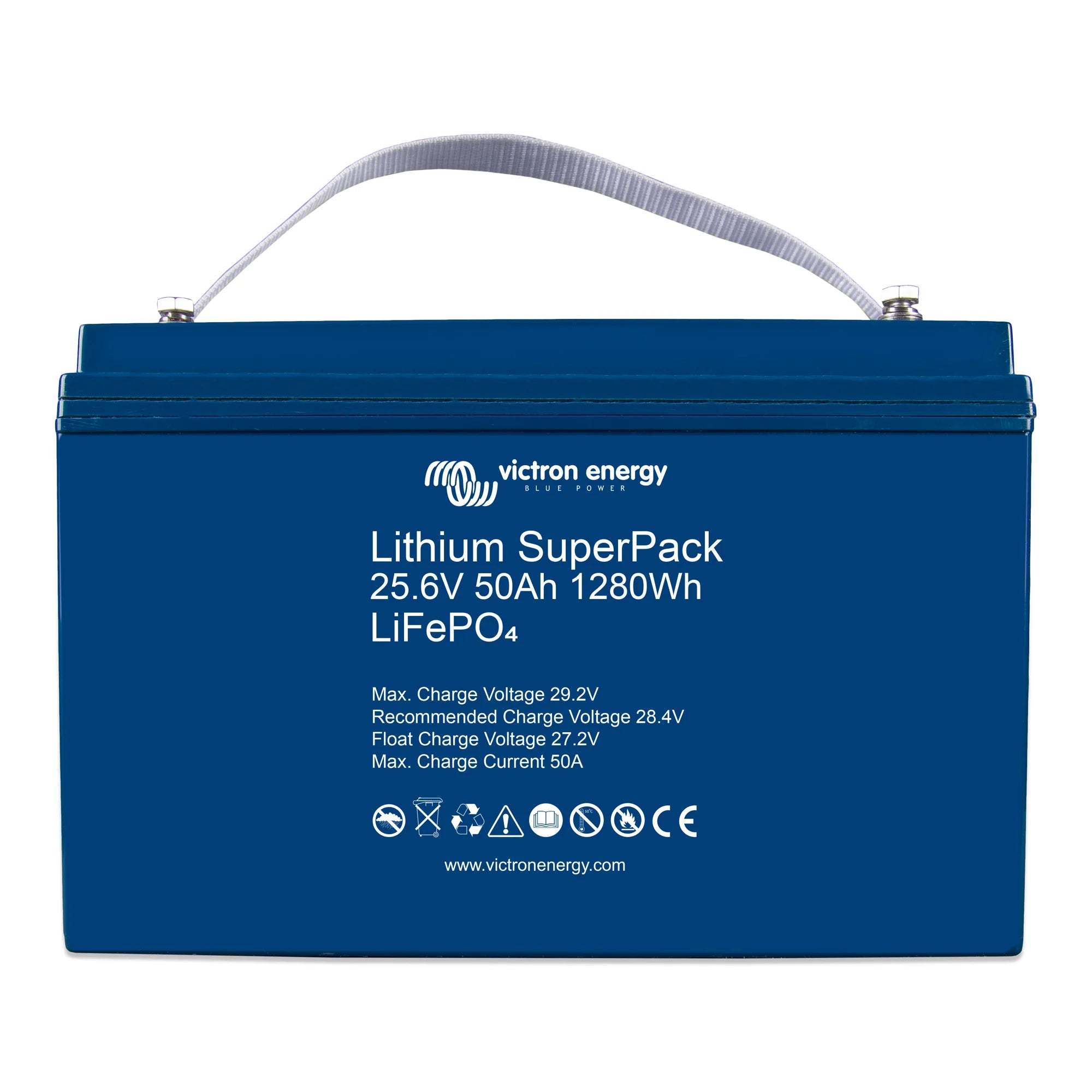 Victron Energy Lithium SuperPack 25.6V 50Ah 1280Wh LiFePO4 battery with blue casing and carry handle.
