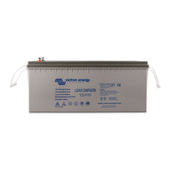 Victron Energy Lead Carbon 12-160 rechargeable battery with white handles and grey casing, front view.