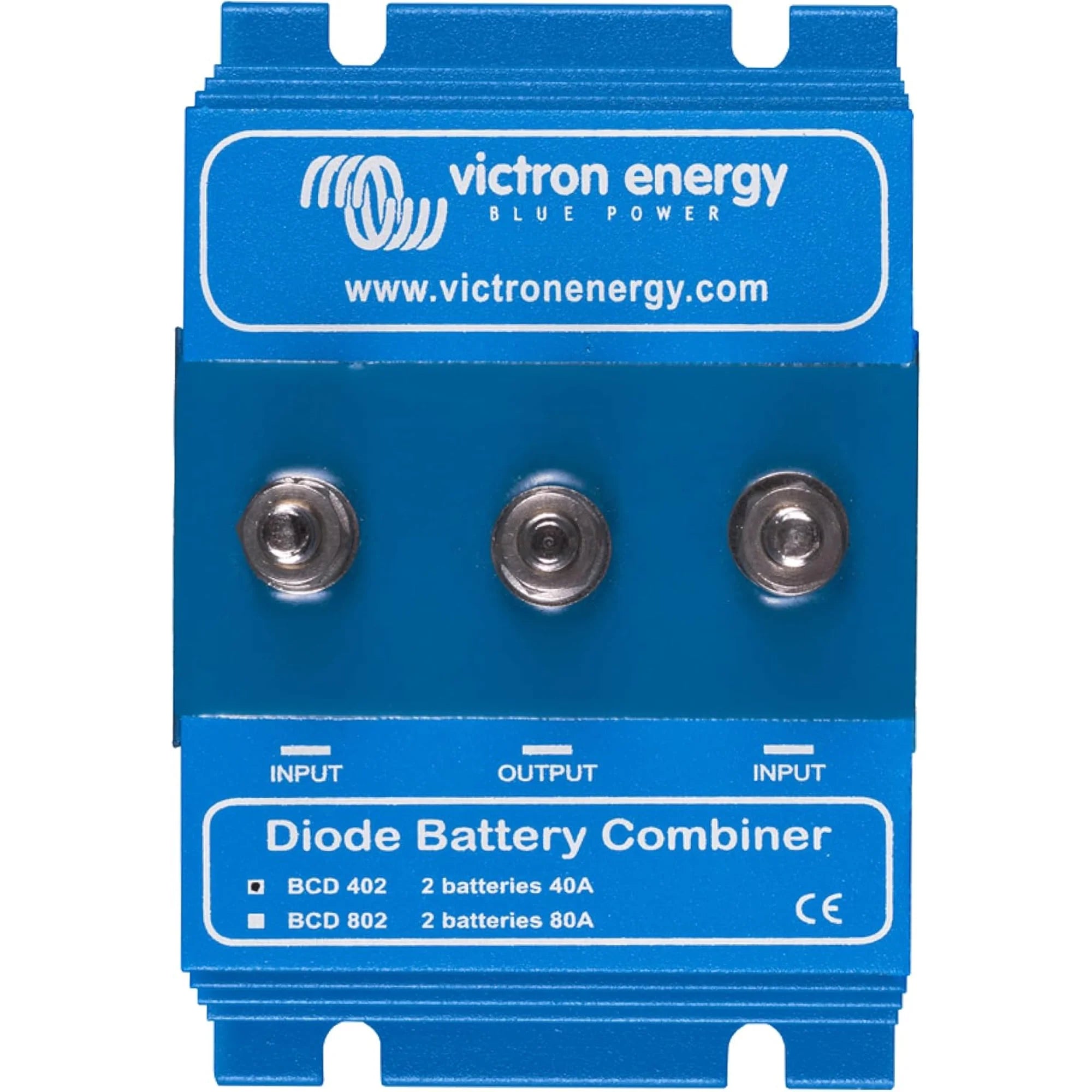 Victron Energy Blue Power BCD 402 Diode Battery Combiner with three metal terminals and product information label.