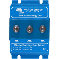 Victron Energy Blue Power BCD 402 Diode Battery Combiner with three metal terminals and product information label.
