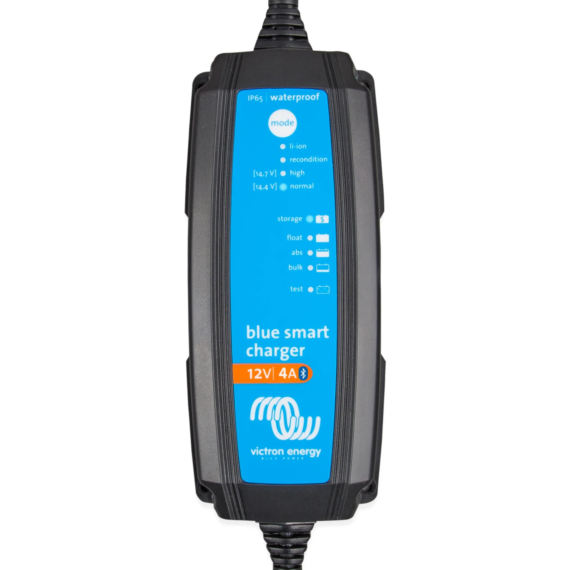 Victron Blue Smart Charger 12V 4A IP65 waterproof battery charger with blue display panel showing mode, storage, float, abs,