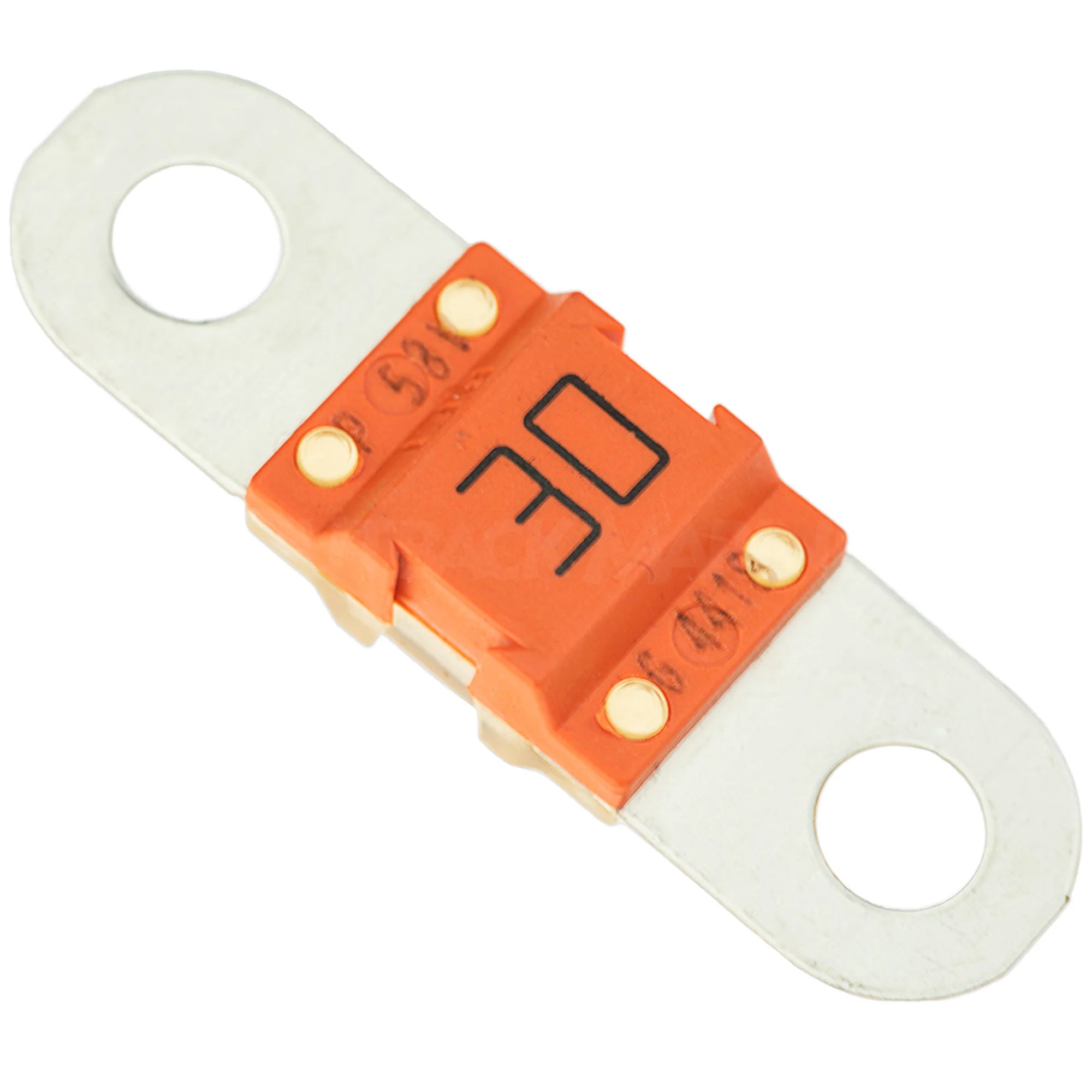 Victron MIDI-fuse 30A rated automotive fuse with orange body, four gold terminals, and two clear mounting lugs.