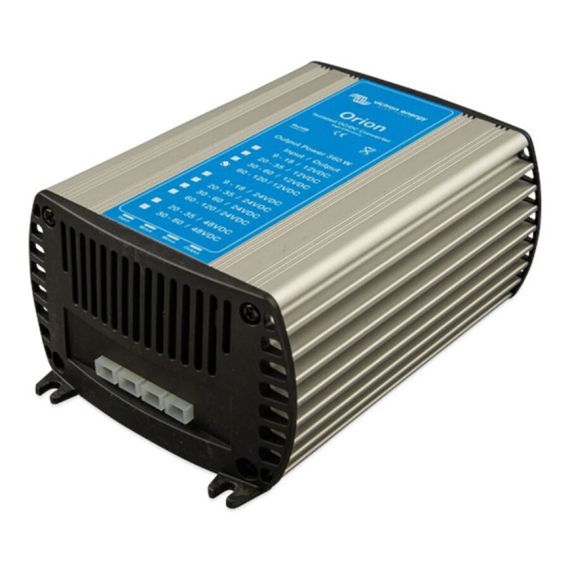 Victron Orion 110/24-15A DC-DC converter with silver aluminium heatsink and blue label, shown at angle against white