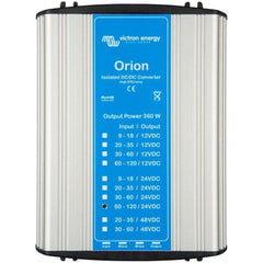 Victron Orion isolated DC-DC converter with aluminium casing, blue label showing 360W output power and multiple input/output