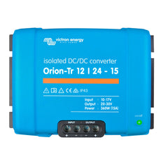Victron Energy Orion-Tr 12/24-15 isolated DC-DC converter with blue casing, input/output terminals, and green power