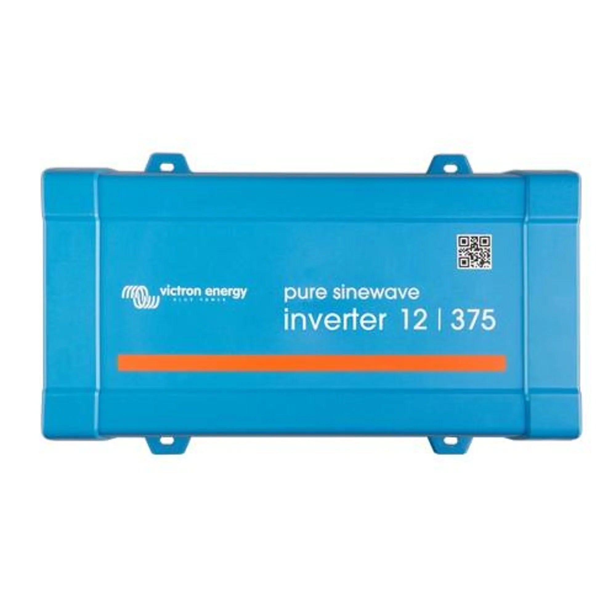 Victron Energy pure sinewave inverter 12/375 in bright blue casing with orange stripe and QR code label.