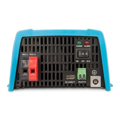 Victron Inverter 12/375 230V with blue casing, showing red positive/negative terminals, control buttons, indicator lights,