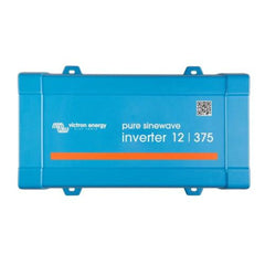 Victron Energy pure sinewave inverter 12/375 in bright blue casing with orange stripe and QR code label.