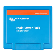 Victron Energy Peak Power Pack battery unit, bright blue casing with orange header band and white text showing 12.8V, 20Ah,