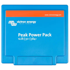 Victron Energy Peak Power Pack battery unit, blue casing, displaying 12.8V/30Ah-384Wh specs and website details.