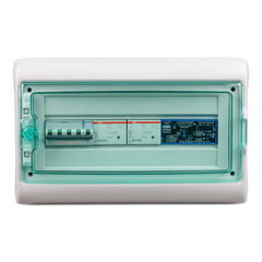 Victron Anti-islanding box 63A mounted in translucent green enclosure with circuit breakers and control module visible