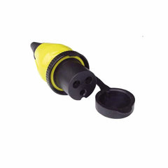 Victron 32A/250Vac power inlet plug with yellow banana connector and black 3-pin socket base detached.