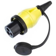 Victron 32A/250Vac electrical plug connector with yellow housing, black grip collar and attached black dust cap.