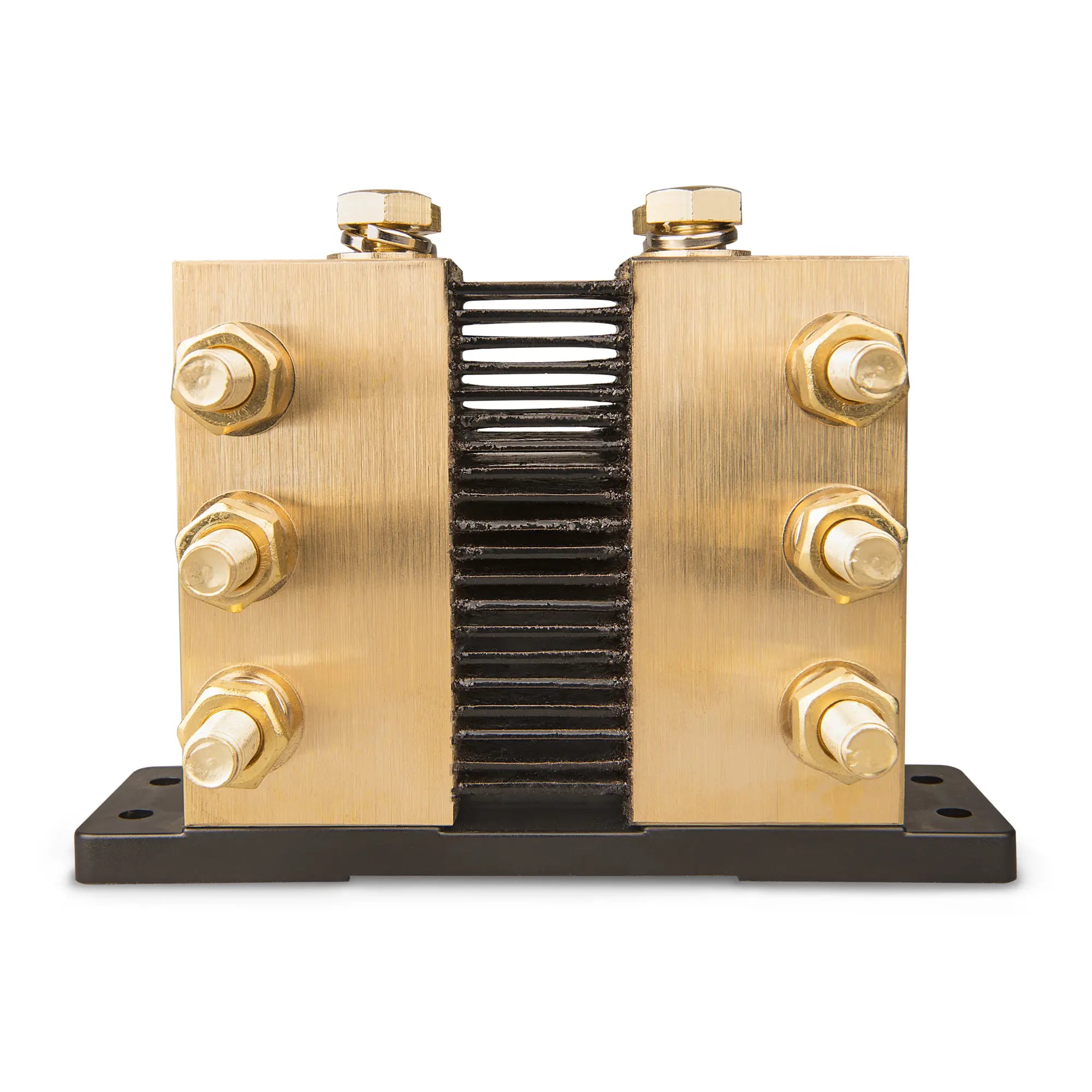 Victron 6000A shunt with brass terminals and black metal core mounted on base plate, front view.