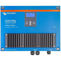 Victron Skylla-IP65 battery charger with blue casing, digital display showing 28.8V, control panel, and heatsink fins.