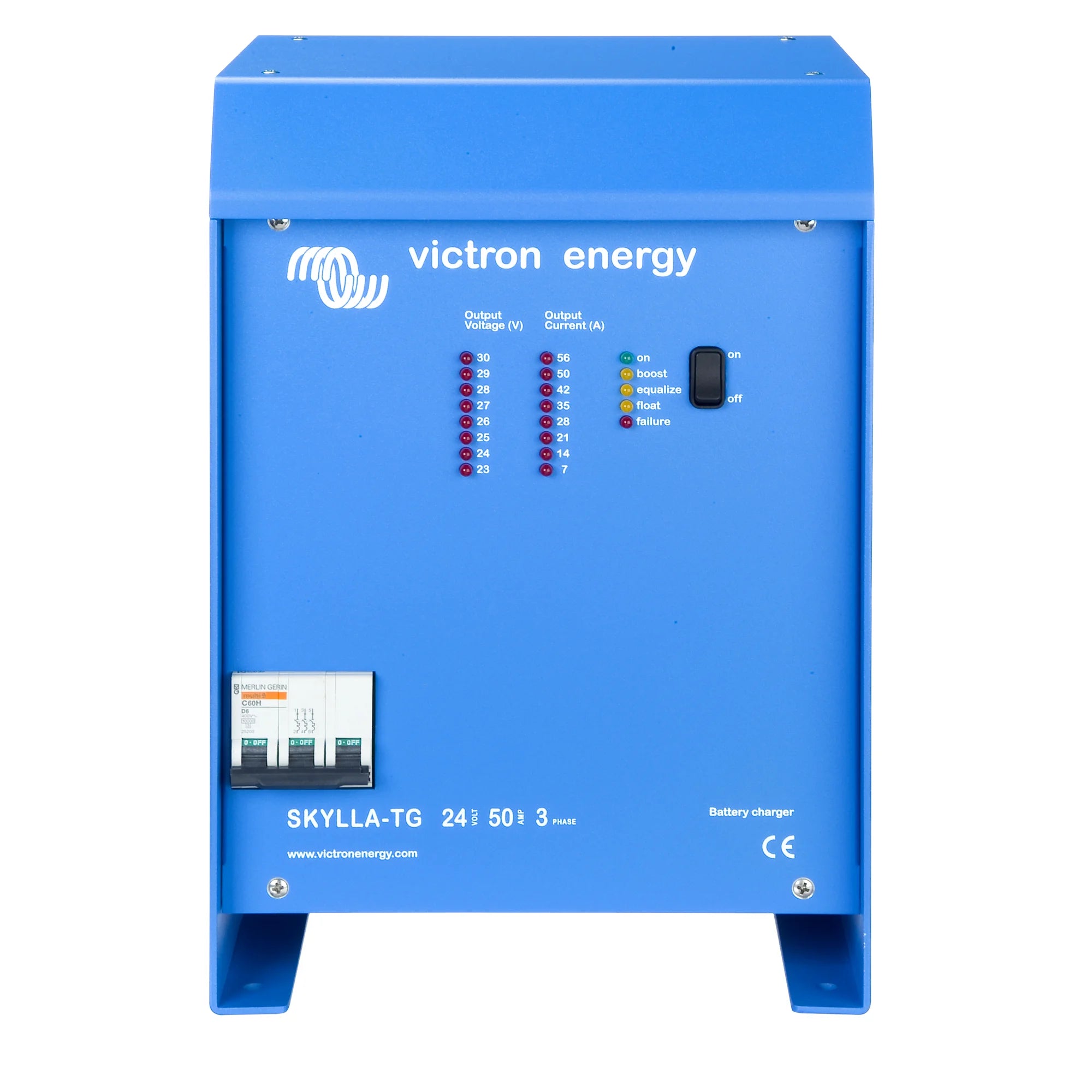 Victron Energy Skylla-TG 24/50/3 three-phase battery charger with blue casing, control panel, and circuit breakers.