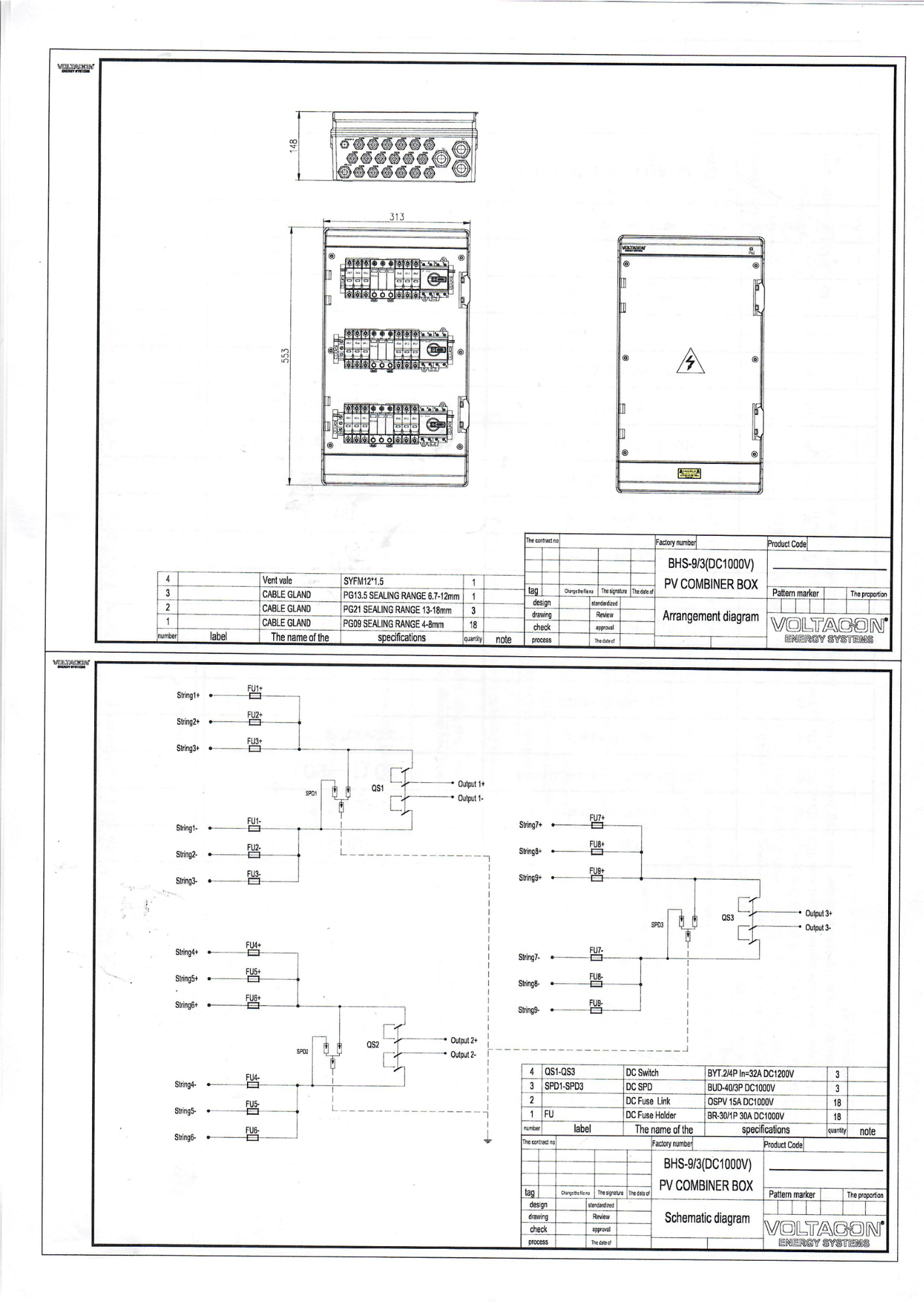 Solar PV Combiner Box 9 Ways In 3 Ways Out Surge Protection Fuses DC Isolator