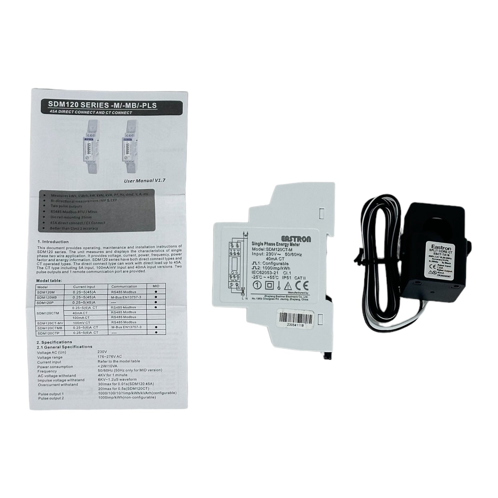 Eastron Single-phase Multifunction Din Rail Meter - SDM120CTM /100mA Modbus with CT-100mA