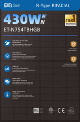 Elite Solar Panels Factory Pallet 15 of 430W Full Black Bifacial Premium Cells