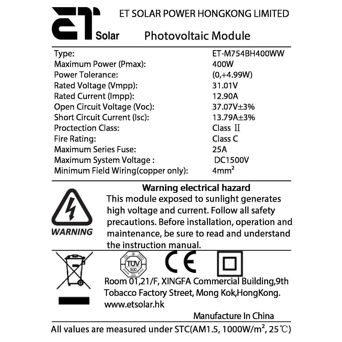 ET Solar Panel 400Watt  PERC 108 Half Cut Cells Monocrystalline Grid-Tied, Hybrid, Off-Grid