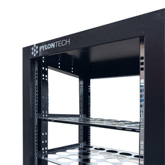 Black metal rack with Pylon Tech branding on a white background
