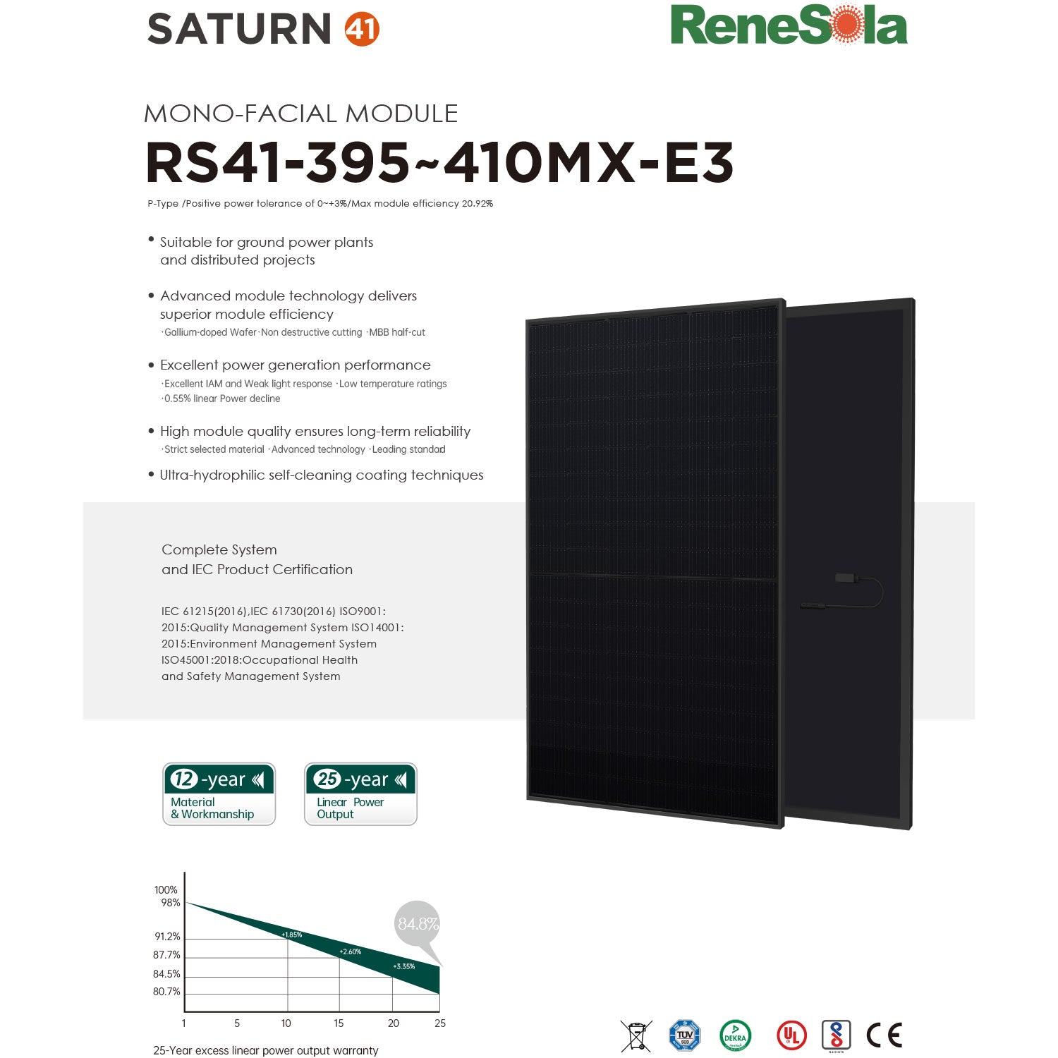 Renesola 410Watt Solar Panel 108 Half Cut Cells Monocrystalline RS41-410M-E3 Full Black