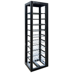 Black metal shelving unit with multiple shelves on a white background